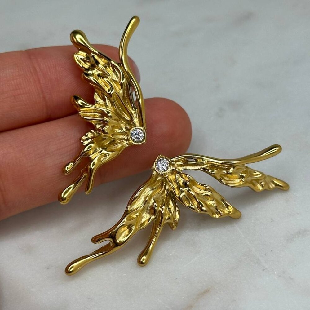 Gold Tone Mismatch Butterfly Stainless Steel Trendy Statement Luxury Earrings